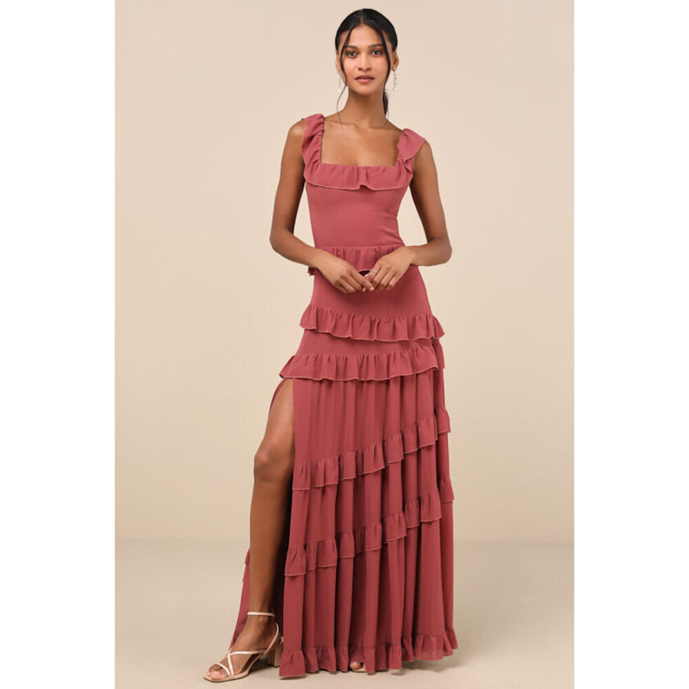 NWT- Lulus Compelling Romantic Rusty Rose Ruffled Tiered Maxi Dress